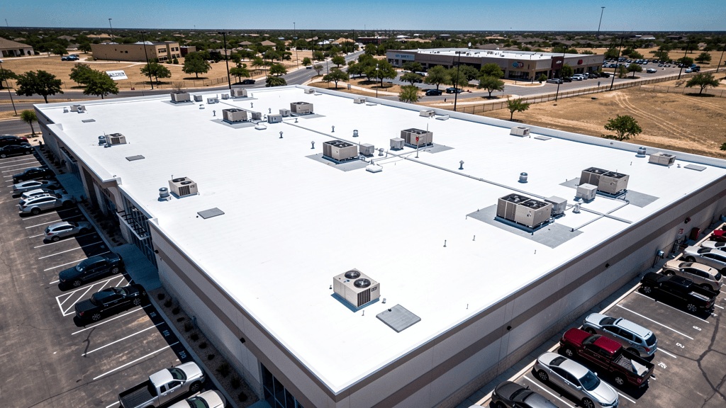 Tex Roof crew installing a white TPO membrane roof on a commercial building in Austin