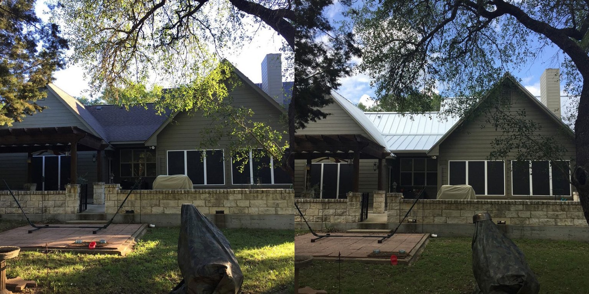 Side-by-side of a metal roof and an architectural shingle roof on neighboring Austin homes